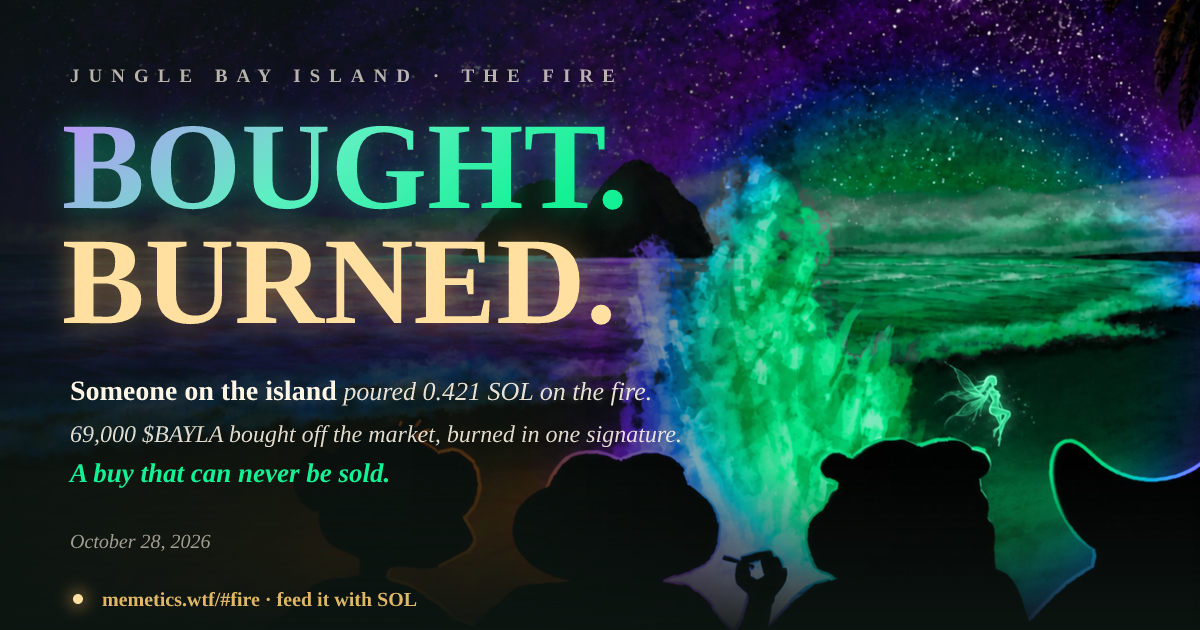 Someone on the island poured 0.421 SOL on the fire: 69,000 $BAYLA bought and burned · Jungle Bay Island